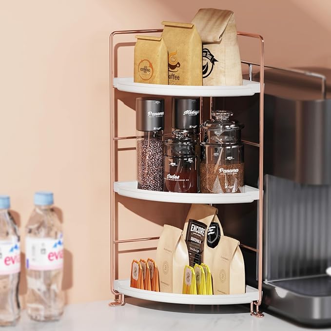 JAUNSLiANG 3-Tier Bathroom Counter Organizer Corner Bathroom Organizer Countertop, Makeup Organizer for Vanity Skincare Organizers and Storage, Perfume Organizer (Rose Gold)