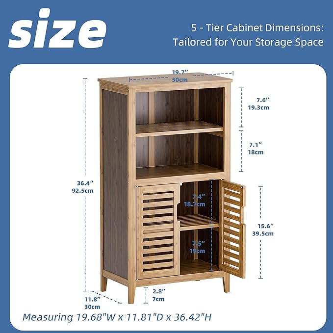 HITNET Walnut Bathroom Floor Cabinet, Bamboo Side Tall Storage Organizer, Freestanding Kitchen Cupboard with Door and Removable Shelf