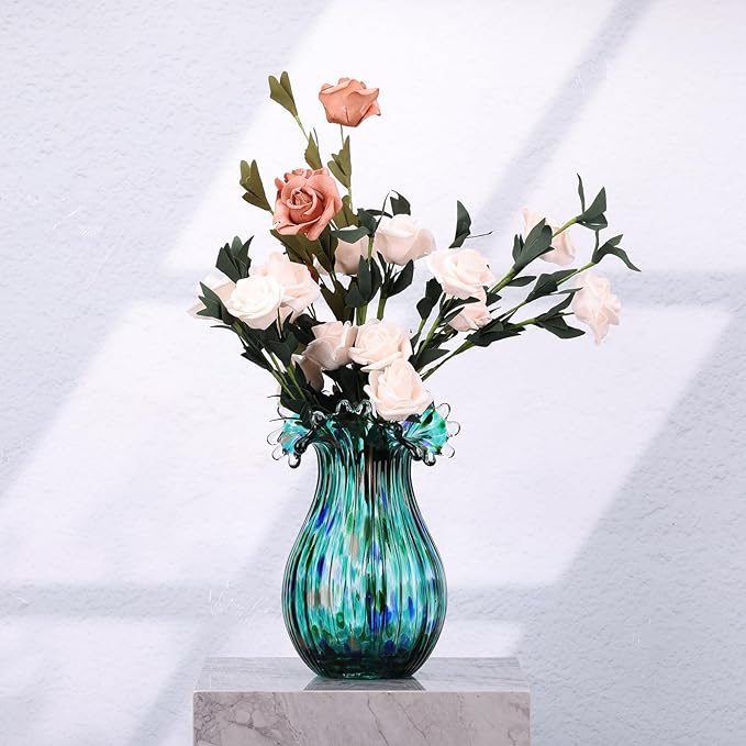 Hand Blown Green Glass vase, Decorative Wide Mouth Glass vase for Home Living Room, Fireplace Decorations, Table centerpieces, entryway Tables and Wedding Decorations.