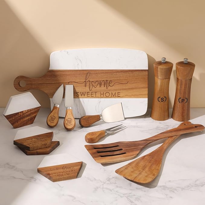 Luxury Kitchen Gift Set for Housewarming – Marble Cheese Board, Acacia Wooden Grinders, Cheese Knives & Utensils, Coaster Set – Elegant Charcuterie & Cooking Gift Box for Women, Couples, New Home