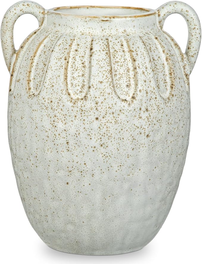 Ceramic Vase with 2 Handles,7.8 Inch Rustic Farmhouse Boho Vase for Home Decor, Petal-Like Pluting Vintage Vase for Flower, Centerpiece Table Decoration