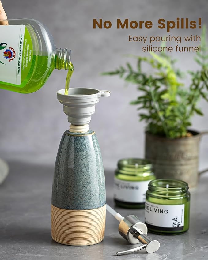 12 oz Dish Soap Dispenser with 2 Pumps, Ceramic Hand Soap Bottle for Shampoo, Body Wash, Lotion, Liquid Dispenser for Kitchen Countertop with Silicone Funnel, Ideal for Thanksgiving, Christmas, Blue