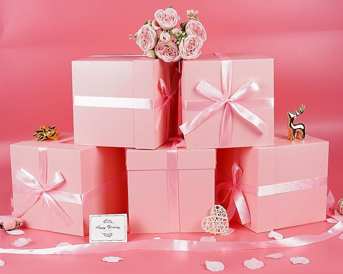 Jaywayang 8.7" Medium Square Gift Boxes with Lids, Ribbons and Tissue Papers, Birthday Gift Boxes - 5 Pcs (Pink), Wedding, Anniversaries, Mother's Day, Party Favor Boxes