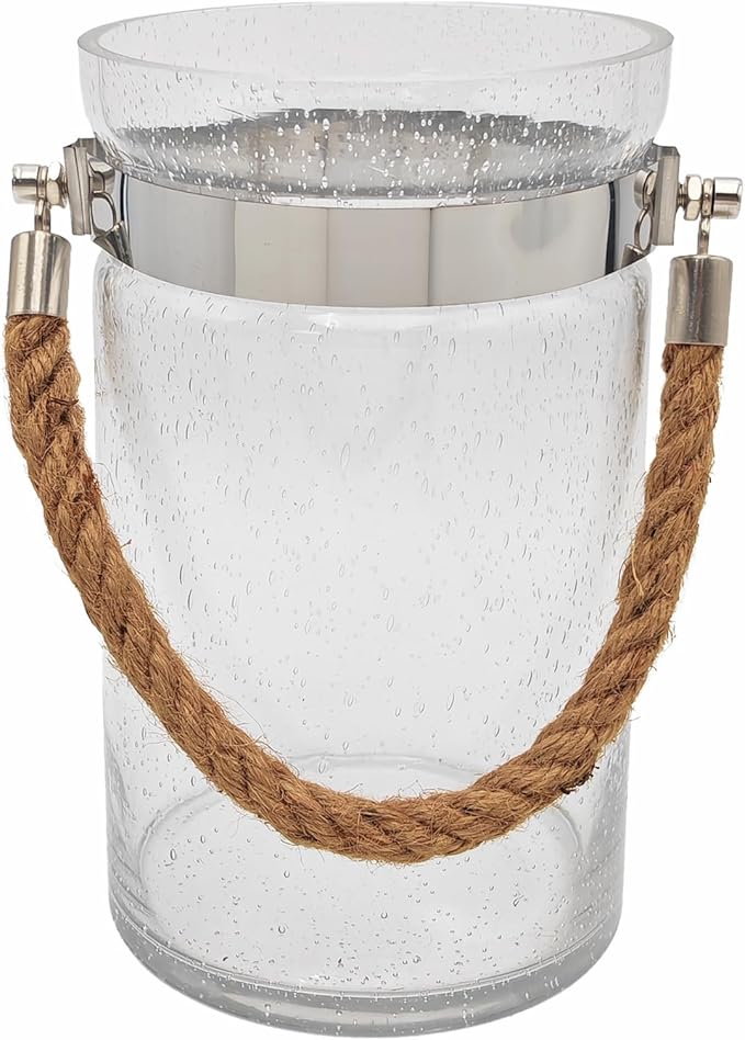 Barrel-Shaped 8.46" Large Mouth Clear Glass Vase with Hemp Rope Handle - Ideal for Floral Arrangements, Bouquets, Floating Tealights, Home Display & Holiday Decor