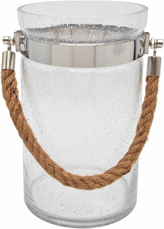 Barrel-Shaped 8.46" Large Mouth Clear Glass Vase with Hemp Rope Handle - Ideal for Floral Arrangements, Bouquets, Floating Tealights, Home Display & Holiday Decor