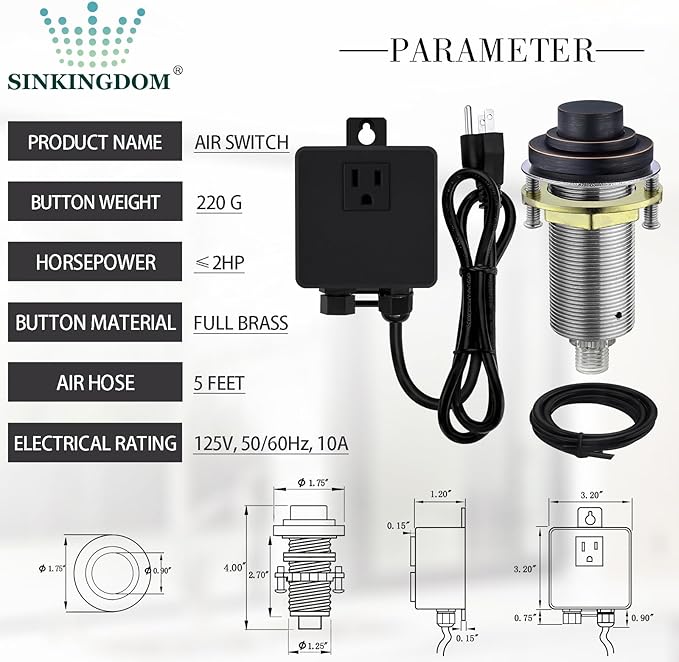 SinkTop Air Switch Kit with Oil Rubbed Bronze Long Button (Full Brass) for Garbage Disposal, Single Outlet