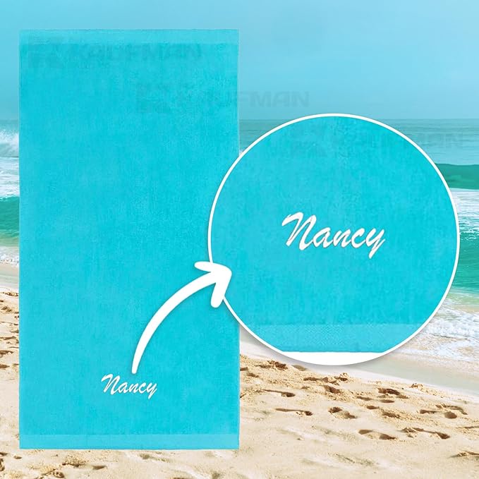 Kaufman - Personalized Velour Beach and Pool Towel 100% Cotton 30in X 60in Solid Color Bath Towel Embroidered (Turquoise)
