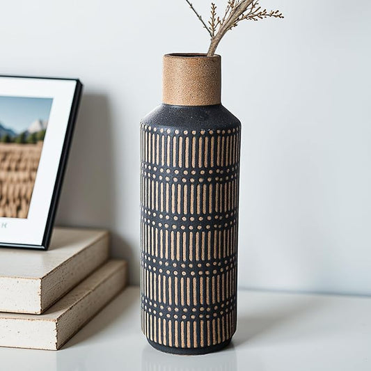Rustic Ceramic Vase for Living Room Bedroom 11.02'' Antique Black Flower Vase for Bouquet Fake Plant Home Decor Office Table Shelf Fireplace Centerpieces Retro Vintage Classic Modern