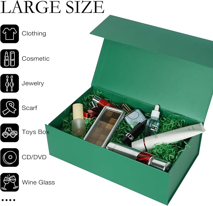 Green Christmas Gift Box with Magnetic Lids 13.8x8.3x4.4 in, Bridesmaid Groomsman Proposal Box, Large Rectangle Storage Box 5 Pack