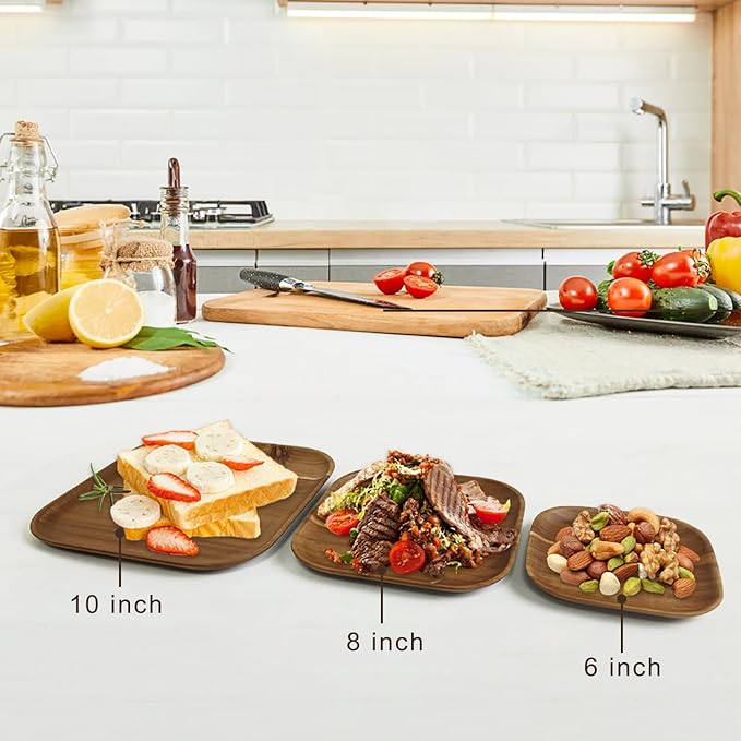 MinBoo Wooden Acacia Plates set of 3, 9-6Inch Wood Acacia Serving Trays, Farmhouse Kitchen Plates, Reusable Wooden Dishware for Dining, Appetizers, Snacks, Parties (square)