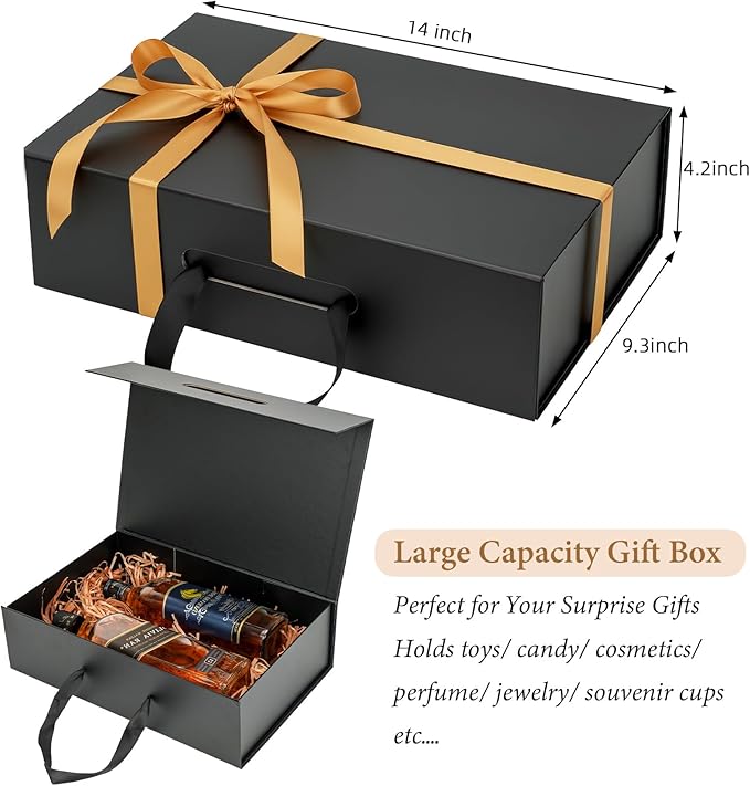 Black Gift Box 14"x9.3"x4.2" Large Magnetic Gift Boxes with Lids for Presents Include Ribbon, Envelop Card for Bridesmaid Proposal Box, Birthday, Graduation, Christmas,Wedding Gifts Packging