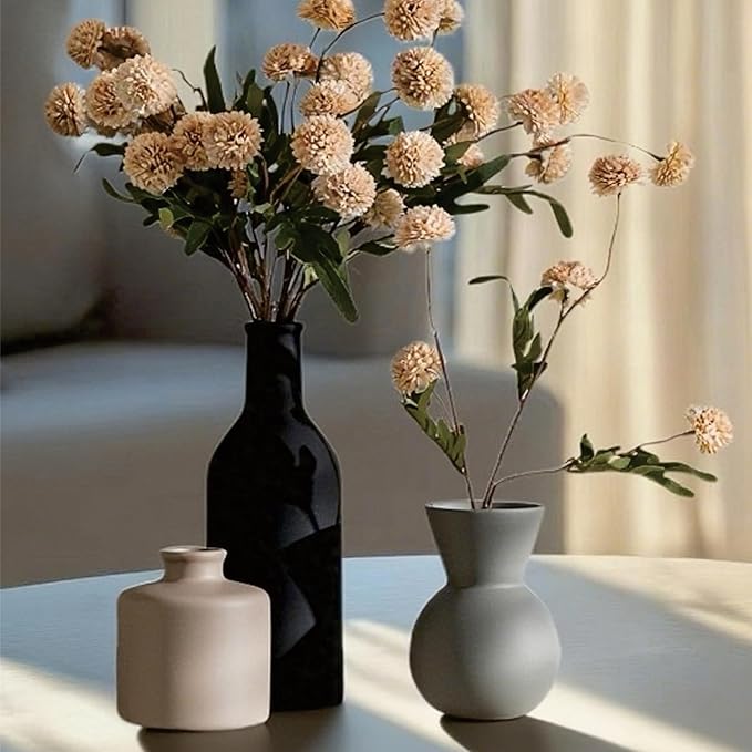 Fake Flowers in Vase for Centerpieces, Faux Flowers in Modern Ceramic Vase Set of 3 with 8 Artificial Autumn Chrysanthemums Artificial Decorative Swags
