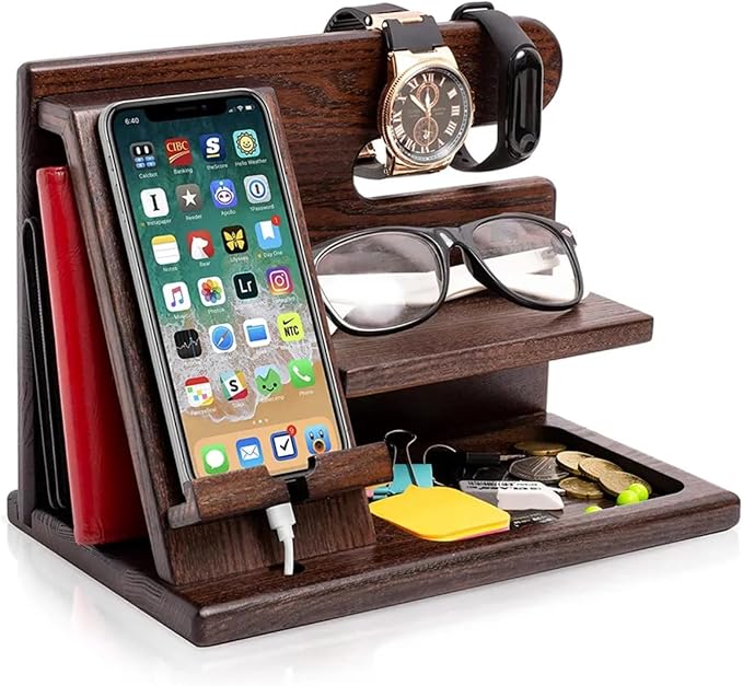 Wooden Nightstand Charging Station - Bedside Table Organizer for Men - Foldable Cell Phone Stand for Desk - Personalized Wood Docking Station