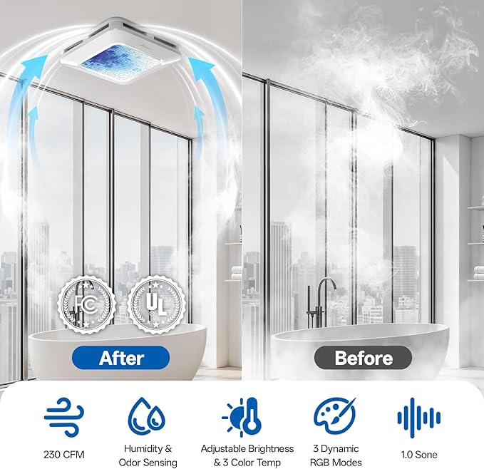 Bathroom Exhaust Fan with Light Humidity Sensor, Bathroom Fan with Odor & Humidity Sensor, 230 CFM 1.0 Sone Venlitation Fan with 3CCT LED Light 7 LED Color, Remote Control Easy Install