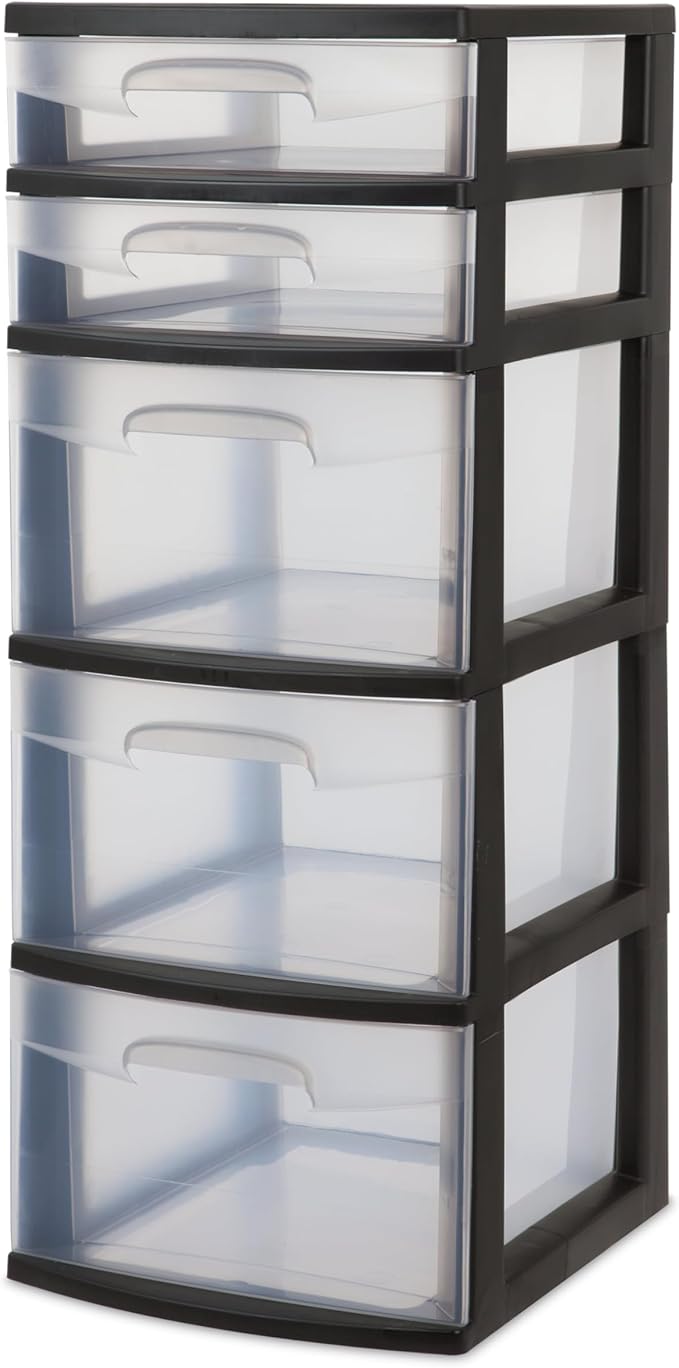 5-Tier Storage Drawer,with Both Shallow and Deep Clear Plastic Storage Organizer Drawer Tower，Suitable for Bedroom,Bathroom and Office Organization Black