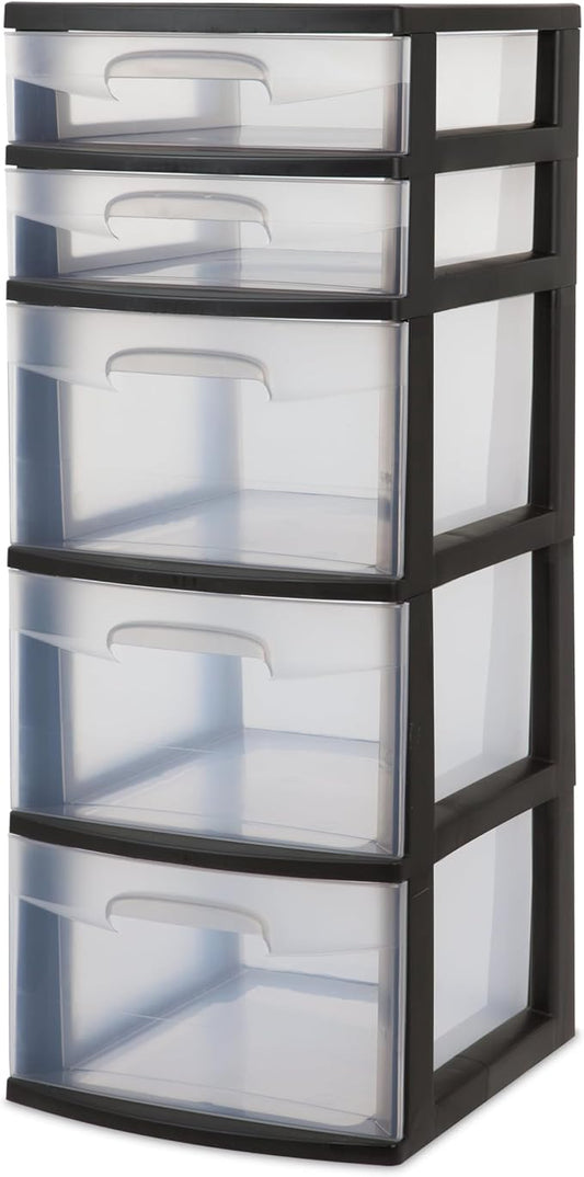 5-Tier Storage Drawer,with Both Shallow and Deep Clear Plastic Storage Organizer Drawer Tower，Suitable for Bedroom,Bathroom and Office Organization Black