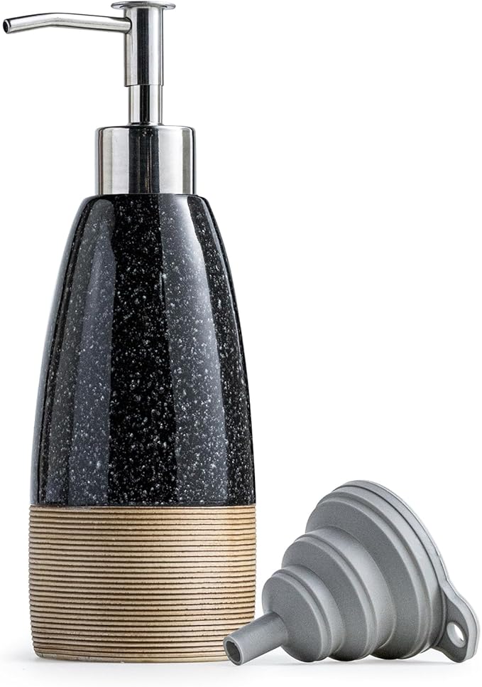 Ceramic Dish Soap Dispenser with 2 Pumps for Hand Soap, Shampoo, Lotion, Conditioner, 12 oz Refillable Soap Bottle with Silicone Funnel for Thanksgiving Chiristmas Bathroom & Kitchen, Black
