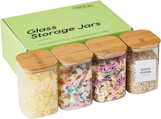 Glass Food Storage Containers with Bamboo Lids, 34 Oz High Borosilicate Glass Jars for Coffee Bean, Candy, Cookie, Flour, Square