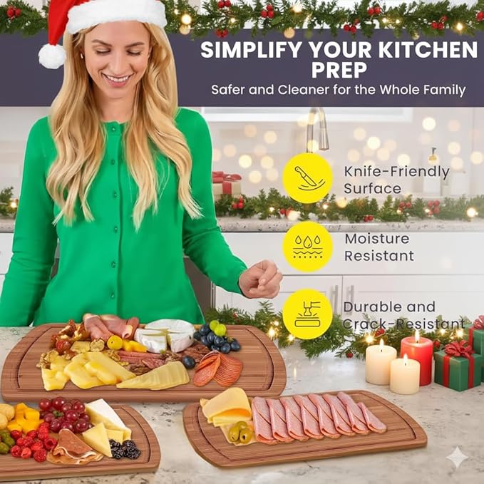 Organic Bamboo Cutting Board Set with Lifetime Replacements - 3pc Non Toxic Wood Chopping Board for Charcuterie, Meat, Vegetables and Fruits - Ideal Kitchen Gifts for Home Chefs
