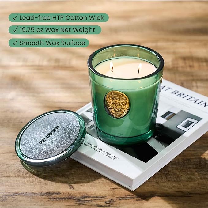 M&SENSE Large Two-Wick Soy Candle | Evergreen Pine & Emerald Green | 19.8 oz, 120H Burn Time | Luxury Scented Candle for Relaxation, Gifting, Home Décor | Ideal for Bedroom, Office, Party Ambiance