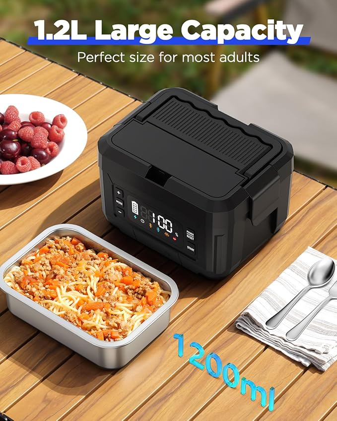 Cordless Electric Lunch Box for Adults – 1.2L Stainless Steel Self-Heating Lunch Box with 20000mAh Removable Rechargeable Battery, Portable Heated Food Warmer for Work, Travel & Office(BK)