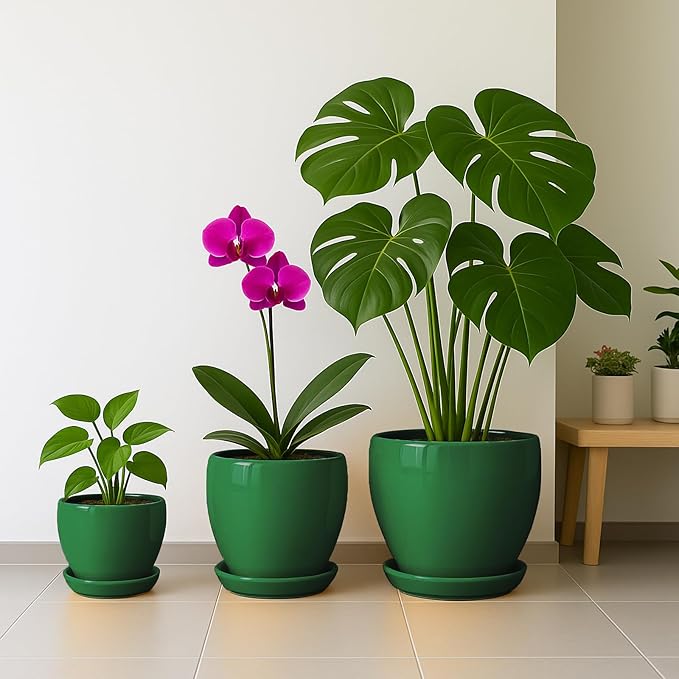 Deep Dream 8 Inch Plant Pots- Ceramic Pots for Plants with Drainage Hole and Saucer, Large Planter Pot for Indoor Plants Outdoor Decor, Green