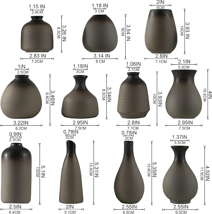 Rustic Ceramic Bud Vase Set of 11, Small Vases for Pampas Grass, Flowers, Modern Farmhouse for Home Decor, Vintage Decor, for Living Room, Dining Table & Shelves