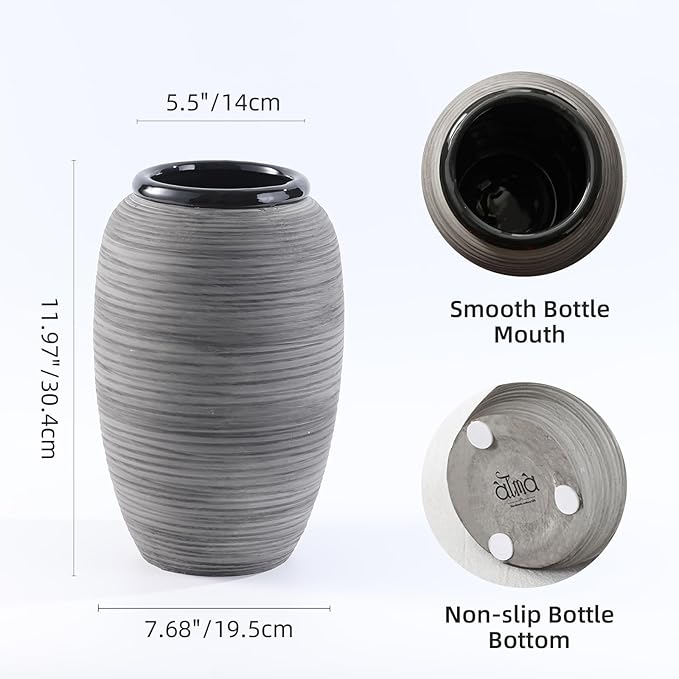 ALMA Large Black Vase Home Decor, 12'' Tall Gray Boho Decorative Vase with Wide Mouth, Ceramic Table Pampas Grass Vase for Centerpieces, Living Room, Farmhouse, Entryway, Mantel, Bookshelf