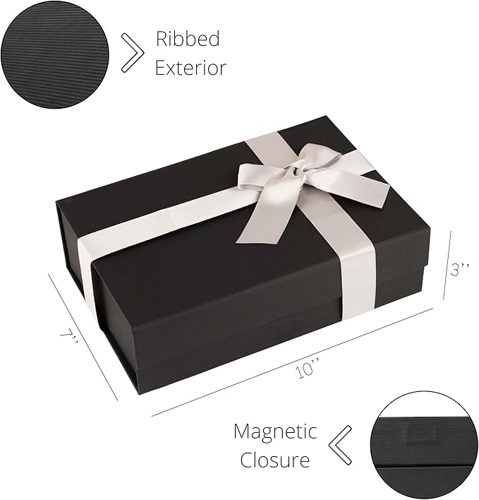 Purple Q Crafts Premium Black Gift Box with Magnetic Closure - 10x7x3 inches - Includes Ribbon and Gift Card - Elegant Presentation Box for All Occasions