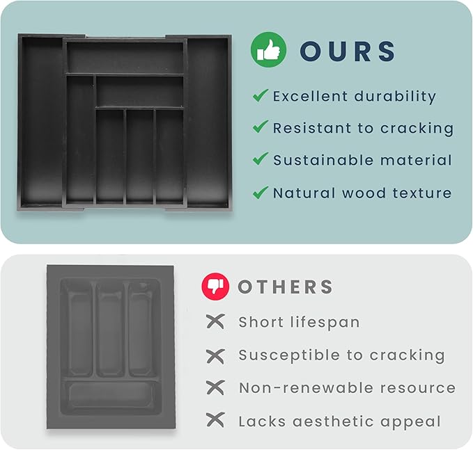 Sben Expandable Drawer Organizer for Utensils Holder, Adjustable Cutlery Tray, Wood Drawer Dividers Organizer for Silverware, Flatware, Knives for Kitchen (Black)