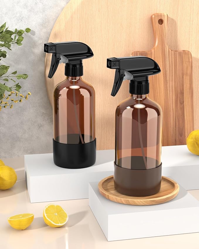 Glass Spray Bottle with Silicone Sleeve Protection, Amber Glass Spray Bottle Set for Window Cleaner Aromatherapy Facial Hydration Watering Flowers Hair Care 2 Pack/16 oz (Black & Brown)