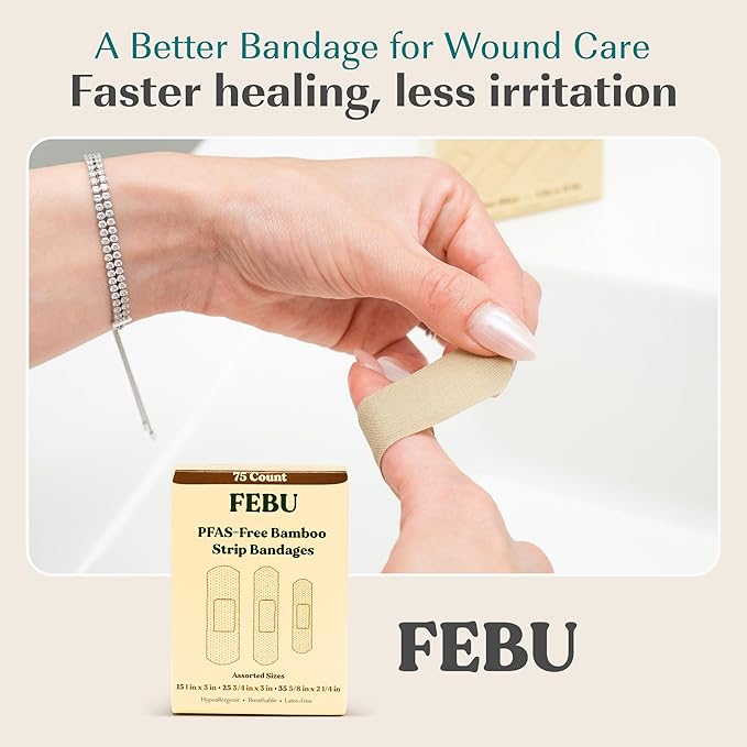 FEBU Eco-Friendly Bamboo Fabric Bandages | PFAS Free Flexible Fabric Bandages | Natural Hypoallergenic Bandage for Scrapes, Cuts & First Aid | Fully Compostable, Latex Free Bandage | 75 Count Strip
