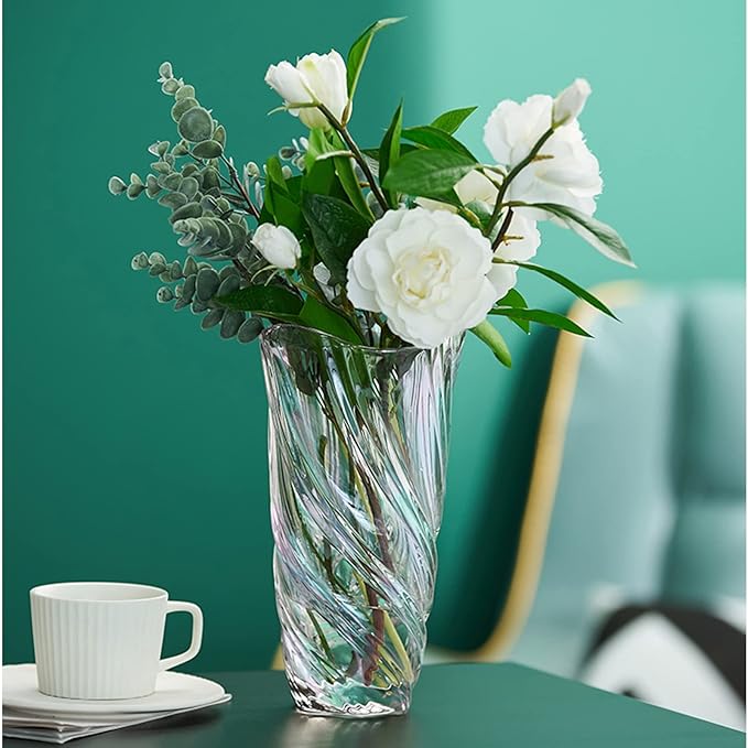 9.4" High Colorful Glass Vase,Elegant Spiral Decorative Centerpiece for Home, Office,Wedding, Stylish Glass Flower Vase