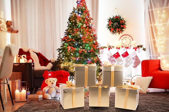 Jaywayang 5 Pack Gold Gift Boxes with Lids, Ribbons and Tissue Papers Square Gift Boxes - 7.1 Inch - Christmas Presents Wrapping Hanukkah Decoration Party Favor Boxes.