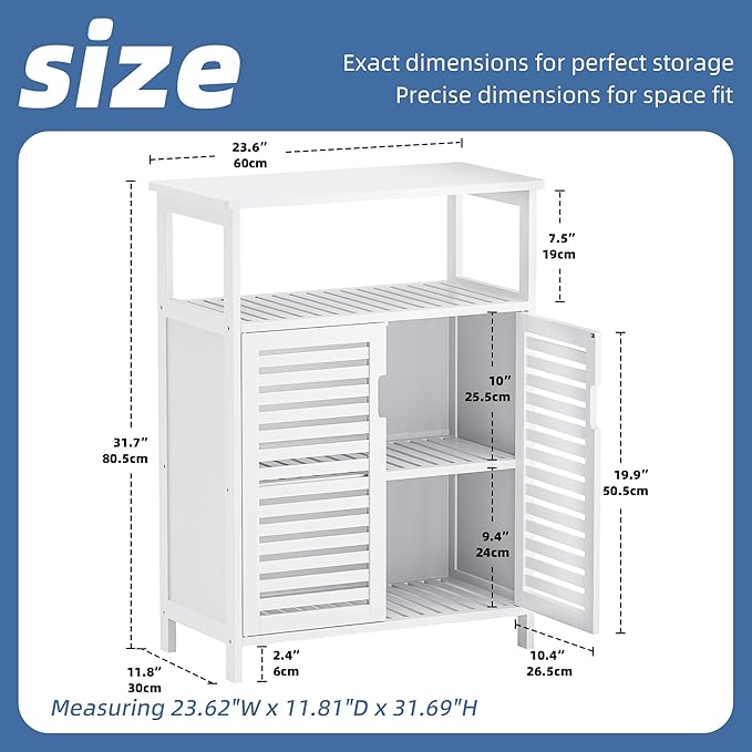 HITNET White Bathroom Cabinet, Bamboo Storage Cabinet Freestanding, Side Tall Storage Organizer for Kitchen Living Room Entryway