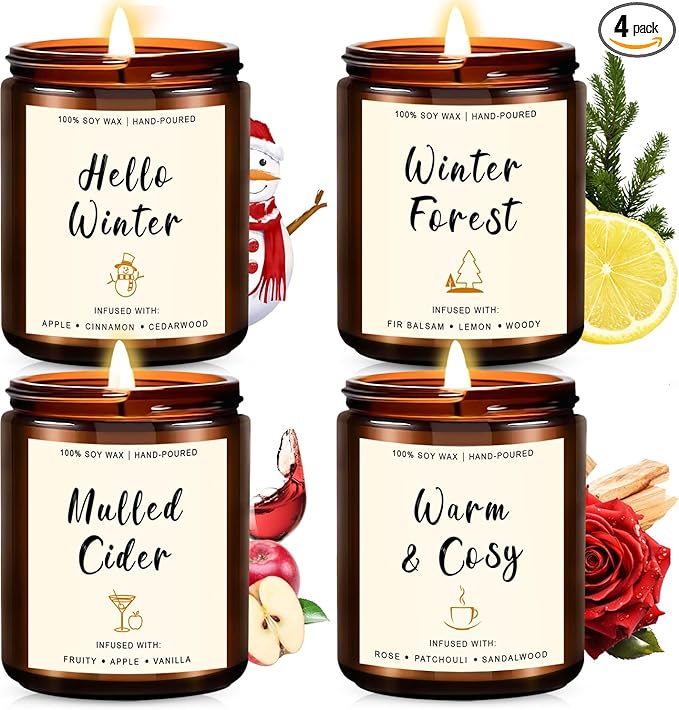 Christmas Scented Candle Gift Set for Women – 4 Pack Winter Soy Candles with Apple Cinnamon, Fir Balsam, Mulled Cider, Sandalwood – Holiday Gifts for Her, Home Décor