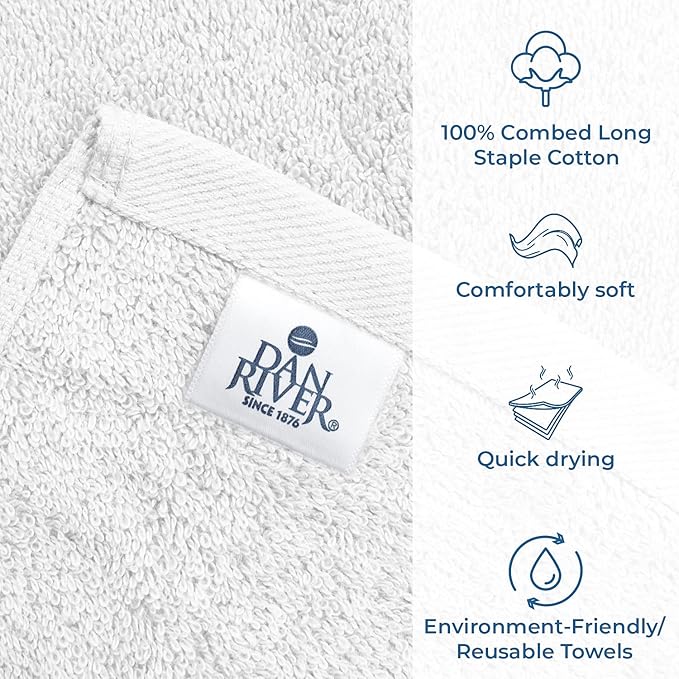 DAN RIVER Bath Towels Set of 4, 27 x 54 Inches, 100% Cotton, Larger & Lighter Weight, Quicker to Dry, Super Soft and Absorbent, Ideal White Towels for Daily Use