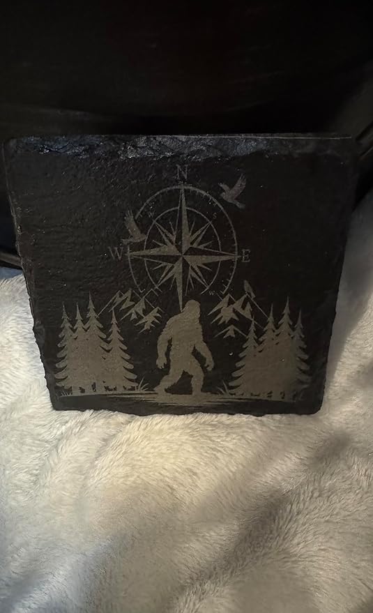 Wilderness Compass Slate Coasters, Natural Black Stone with Bigfoot Forest Design, Decorative Home Accessories, Set of 4