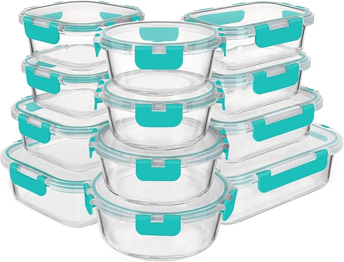 KAMOTA Glass Food Storage Containers, Green Glass Meal Prep Containers, Airtight Containers with Snap-Lock Lids, Set of 12, for Microwave/Oven/Freezer/Dishwasher