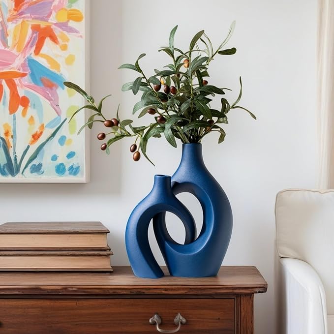 Snuggle Hollow Ceramic Vase Set of 2, 11 inch Hug Donut Modern Nordic Boho Style Vases for Home Decor Anthropologie Aesthetic Living Room Shelf Entryway Table Decorative (Navy Blue)