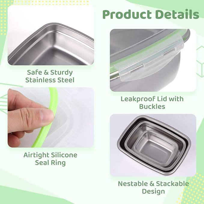 Square 304 Stainless Steel Food Containers with Lids, Airtight Bento Lunch Box, Metal Meal Prep Food Containers Reusable Stackable Nestable Oven Dishwasher Freezer Safe