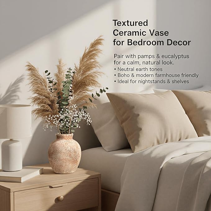 Ceramic Flower Vase, 6-Inch Terracotta Pottery Rustic Farmhouse Boho Vase, Handcrafted Decorative Vase for Home Decor, Centerpieces, Table, Living Room, Mantel, Shelf