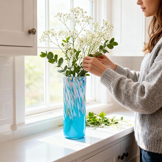 9.45" Tall Blue Vase Hand Blown Glass Vase Green, Modern Blue Home Centerpieces Wide Mouth Vases for Bud&Flower Decor - Ideal Living Room, Kitchen, Wedding, Dining Table, Office Center Table