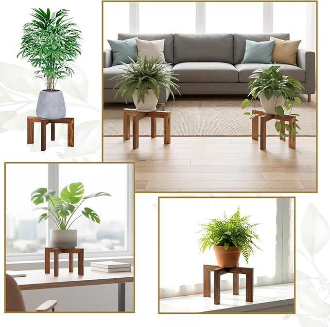 2 Pack Wood Plant Stand, Indoor Outdoor Sturdy Brown Flower Pot Holder Modern Plant Shelf Rattan Flower Plants Stool Elegant Home Decor for 5-18 Inch Pots Patio Variety Pots Easy Assembly