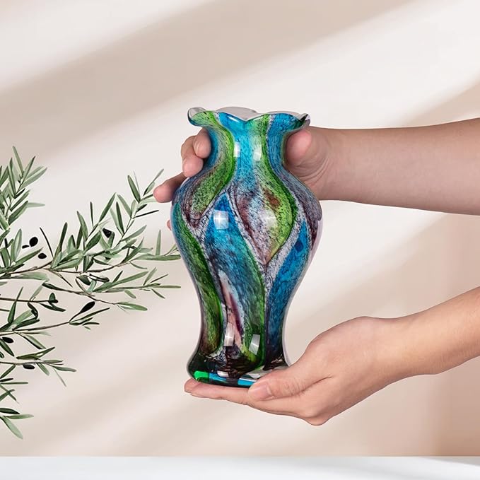 KAMMAK Colored Glass Vase, Beautiful Hand Blown Decorative Vase, Modern Art Vase for Flower Mantle Dining Table Centerpiece, Entryway Living Room Wedding Decoration, FH010