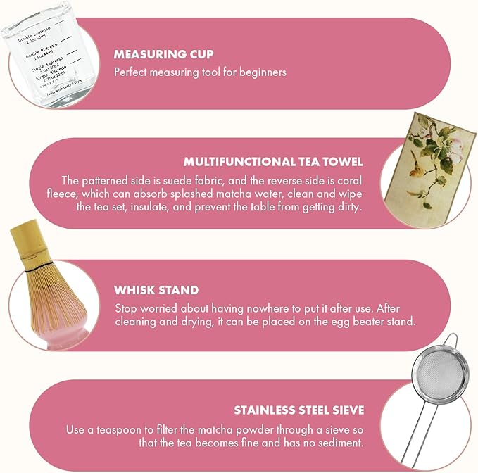 Matcha Whisk Set,9 Pcs Matcha Set with Matcha Bowl,Spout, Bamboo Whisk, Spoon Stand, Scoop, Sifter, Towel, Teaspoon and Glass Measuring Cup for Making Breakfast/Latte, Gift for Matcha Lover, Pink