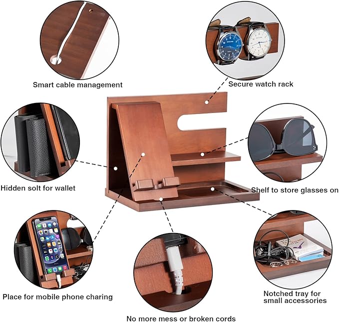 Wood Phone Docking Station - Gifts for Men Desk or Nightstand Organizer - Birthday Gifts for Husband, Fathers Day for Dad - Anniversary Idea from Wife - Key Holder, Stand Wallet, Watch & Essentials