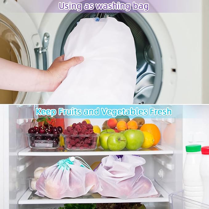 JUNGYOON 9-Pack Reusable Produce Bags & Vegetable Bags – Heavy Duty Washable Mesh Grocery Bag with Drawstring Closure, Eco-Friendly Storage for Farmers Market, Groceries, Beach & Fridge (L, M, S)