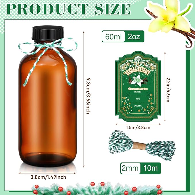 Uiifan 12 Pack Amber Glass Bottles Boston Round Sample Bottles Glass jars with Lids Dark Vanilla Extract and 12 Pcs Christmas Green Snowflakes Stickers for Gift Beans(2 oz)