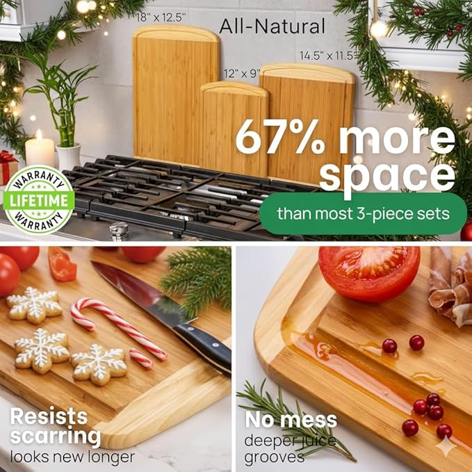 Organic Bamboo Cutting Boards for Kitchen Set of 3 with Lifetime Replacements – Premium Extra Large Wood Chopping Boards with Juice Grooves for Carving & Serving, Non-Toxic & Durable by Greener Chef